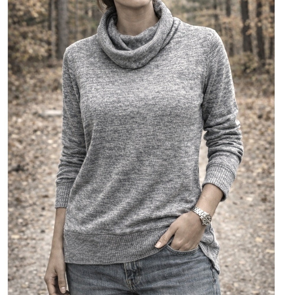 Gap Womens Cowl Neck Sweater Blue Marled Knit Relaxed Fit High-Low Hem Medium